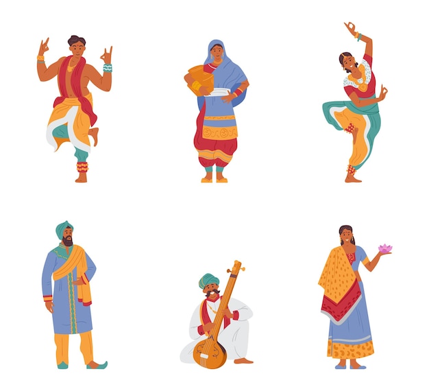 Vecteur ensemble vectoriel de personnages indiens, hommes et femmes en tenues traditionnelles. isolé sur blanc.