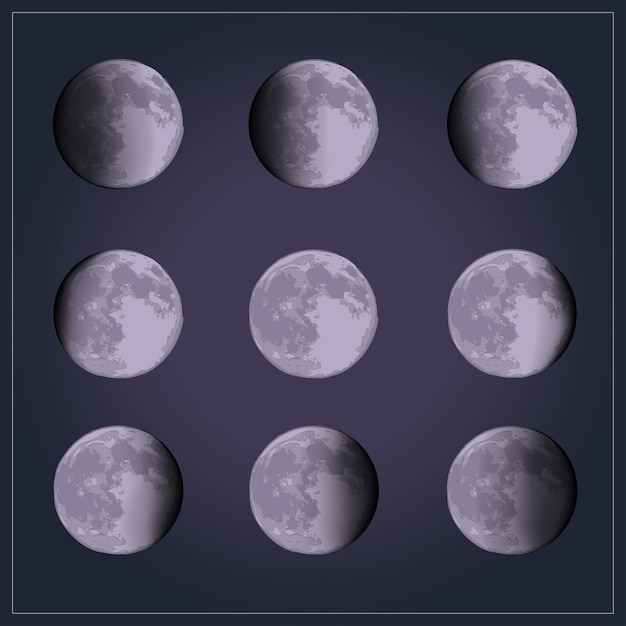 Vecteur ensemble vectoriel de phases de lune d'éléments astronomiques dessinés à la main de la nouvelle lune au croissant et à la pleine lune