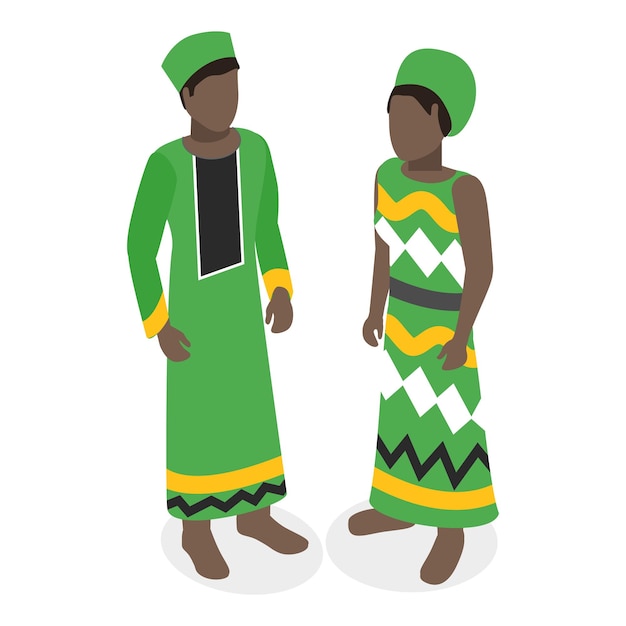 Ensemble vectoriel plat isométrique 3D d'hommes et de femmes en tenue africaine en vêtements nationaux, article 1