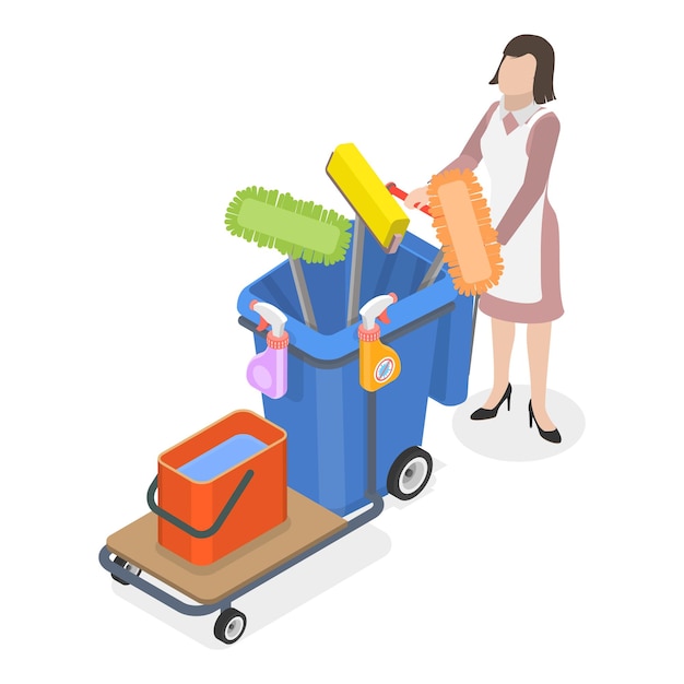 Ensemble vectoriel plat isométrique 3D de services hôteliers, nettoyage des chambres et service alimentaire, article 4