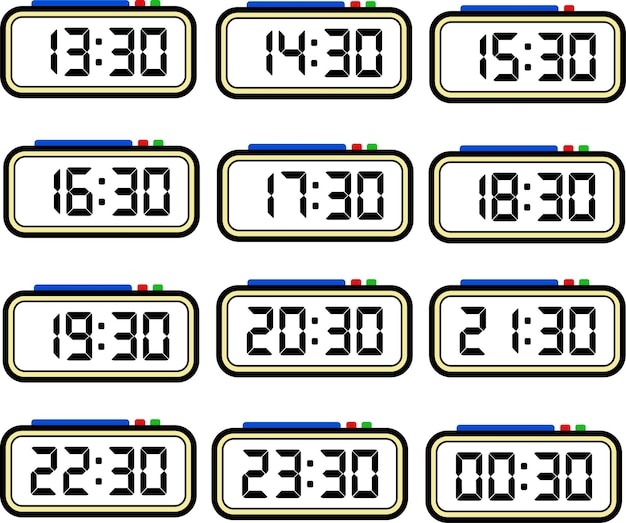 Ensemble vectoriel plat de temps d'horloge numérique avec format 24 heures