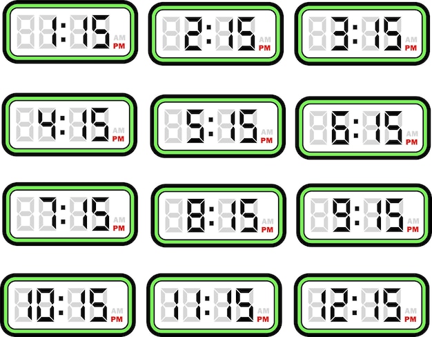 Ensemble vectoriel plat de temps d'horloge numérique avec formats de 12 heures