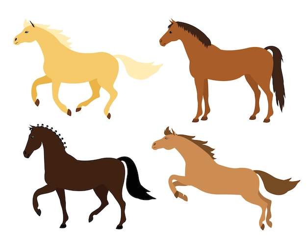 Ensemble vectoriel de poses de chevaux de dessins animés plats