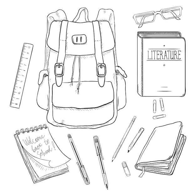 Ensemble Vectoriel De Sac à Dos De Croquis Et De Fournitures Scolaires