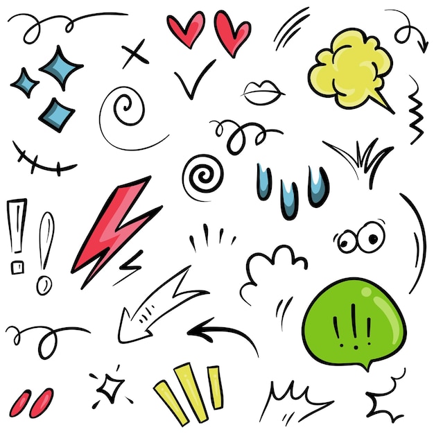 Ensemble vectoriel de signe d'expression de dessin animé dessiné à la main doodle courbe flèches directionnelles émoticône effets éléments de conception personnage de dessin animé symboles d'émotion lignes de trait de pinceau décoratif mignon