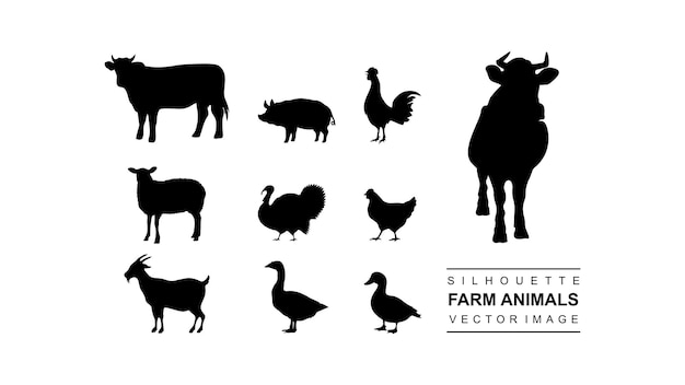 Ensemble Vectoriel De Silhouette De Ferme D'animaux Isolés