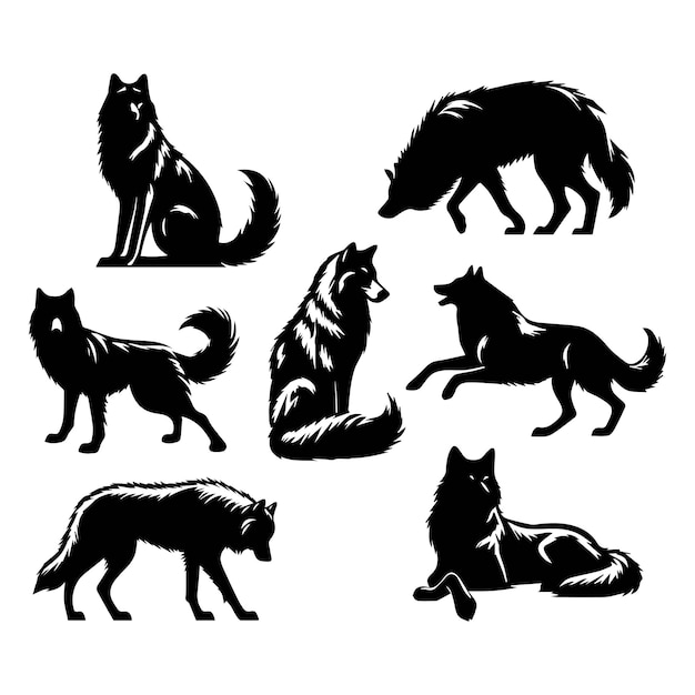Ensemble vectoriel de silhouettes de loups sur un fond blanc
