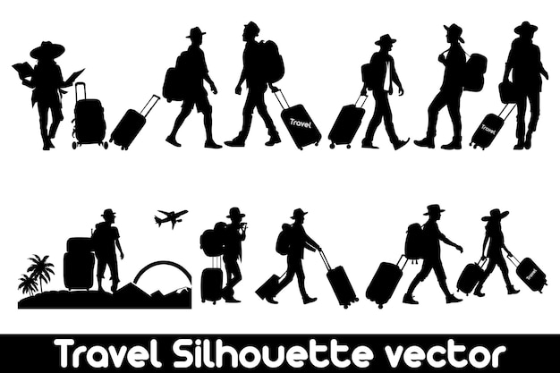 Ensemble vectoriel de silhouettes de voyage avec des valises sur fond blanc Ensemble de silhouette de vacances