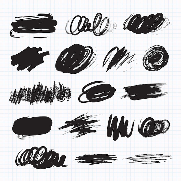 Vecteur ensemble vectoriel de taches sombres sur fond blanc taches de griffonnage texture de craie de charbon de bois sur une feuille de cahier d'exercices illustration vectorielle