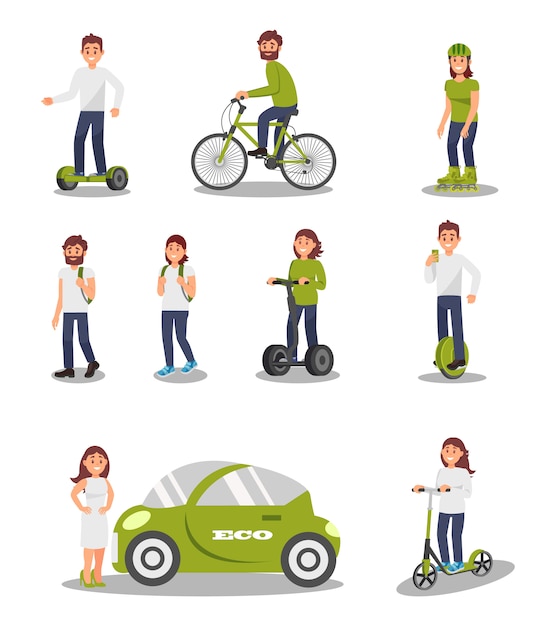 Ensemble de véhicules de transport alternatif écologique, personnes conduisant une voiture électrique moderne, scooter, vélo, segway, mode de vie sain et actif Illustrations