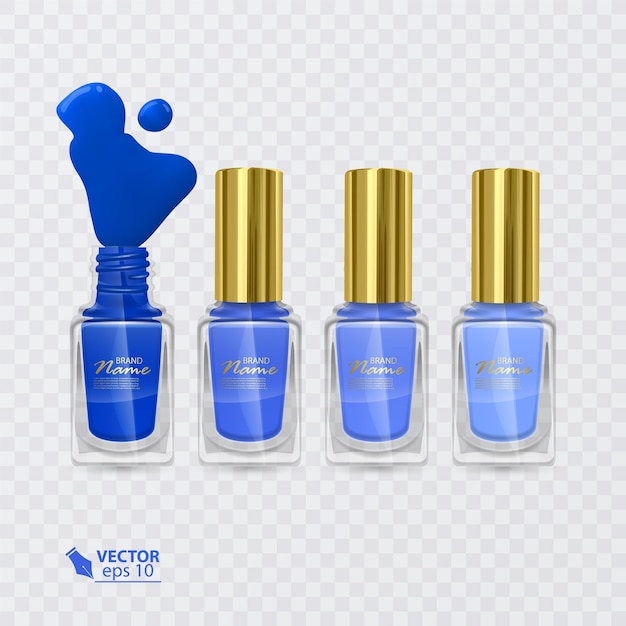 Vecteur ensemble de vernis à ongles de couleurs du bleu foncé au bleu clair, vernis à ongles sur fond transparent, illustration