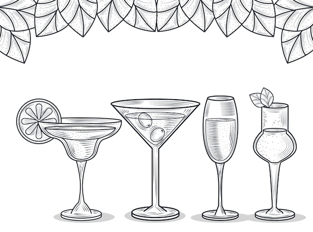 Ensemble de verre avec des cocktails et des boissons alcoolisées, icône de style de ligne mince