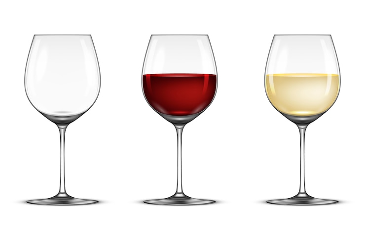 Vecteur ensemble de verre à vin réaliste - vide, avec du vin blanc et rouge, isolé sur fond blanc.