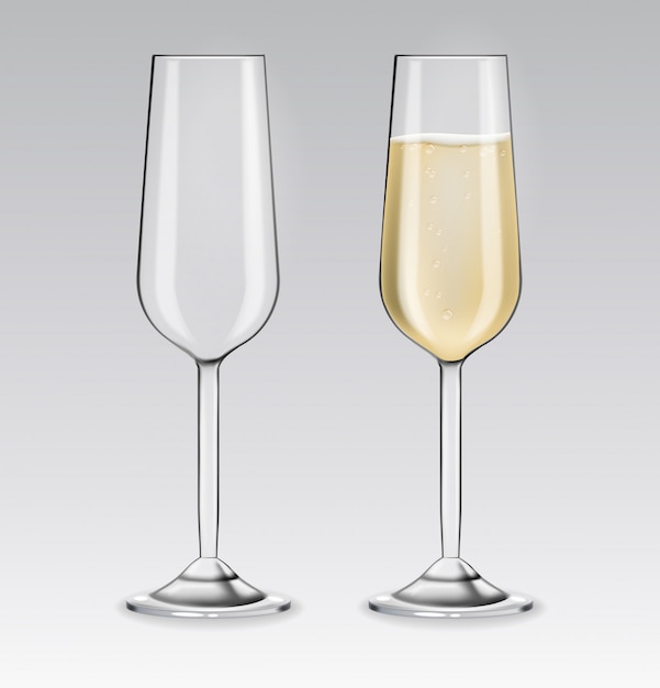 Ensemble de verres à champagne réalistes, verre transparent isolé, célébrer l'illustration de l'objet