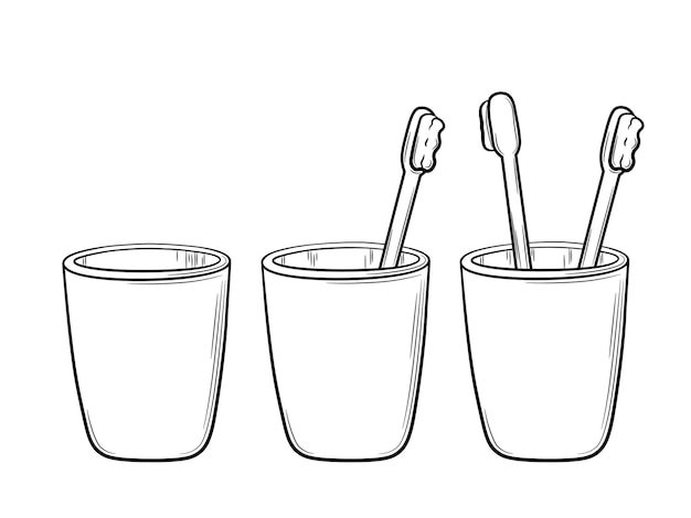 Ensemble De Verres Dessinés à La Main Avec Des Brosses à Dents Dans Un Style Doodle. L'objet D'une Routine Quotidienne Pour L'oral