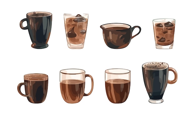 Ensemble De Verres Et Tasses Avec Dessin Animé Plat Café Isolé Sur Fond Blanc Illustration Vectorielle