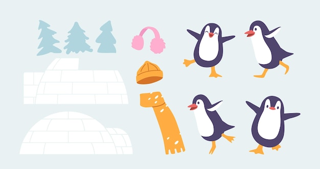 Vecteur ensemble de vêtements chauds et confortables chapeau écharpe et cache-oreilles personnages de pingouins mignons épicéas et igloo ou maison de glace et bâtiment éléments isolés sur fond blanc dessin animé personnes illustration vectorielle