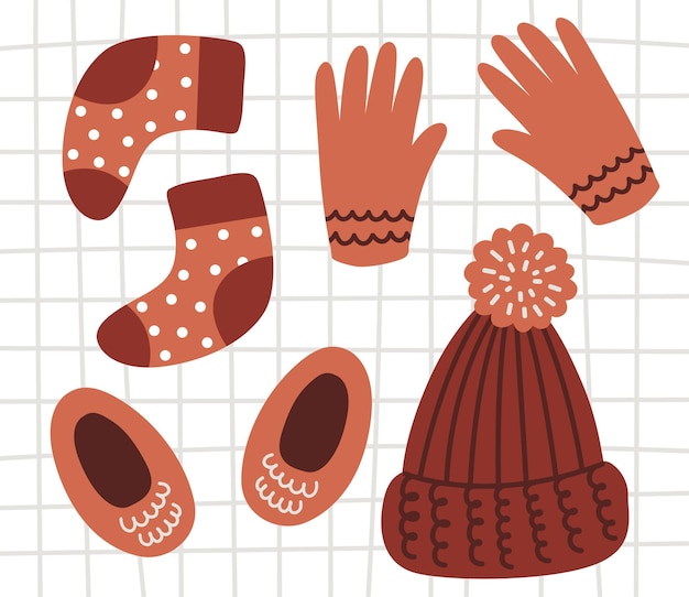 Un Ensemble De Vêtements Chauds D'hiver, Gants, Chaussettes, Pantoufles, Collection Confortable, Illustration Vectorielle Dessinée à La Main