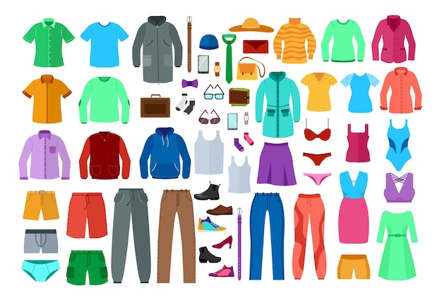 Vecteur ensemble de vêtements colorés pour hommes et femmes. illustration de dessin animé