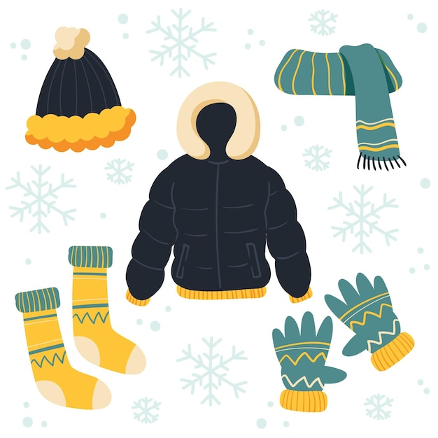 Vecteur ensemble de vêtements d'hiver et d'articles essentiels dessinés à la main