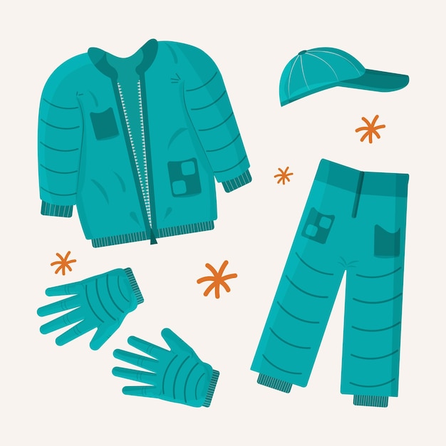 Vecteur ensemble de vêtements hiver et automne bleu aigue-marine veste pantalon gants casquette illustration vectorielle