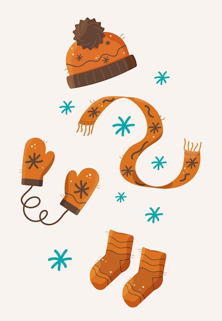 Vecteur ensemble de vêtements hiver et automne chapeau orange écharpe mitaines chaussettes flocons de neige illustration vectorielle