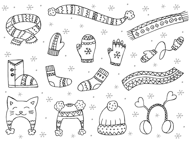 Un Ensemble De Vêtements D'hiver Dessinés à La Main Illustration Vectorielle Dans Le Style Doodle Ambiance D'hiver Bonjour 2023 Joyeux Noël Et Bonne Année éléments Noirs Et Gris Sur Fond Blanc