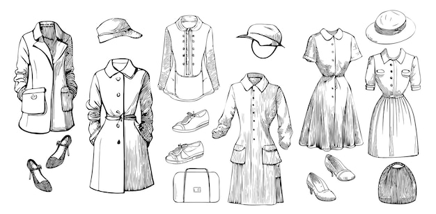 Ensemble de vêtements pour femmes croquis dessinés à la main dans l'illustration de style doodle