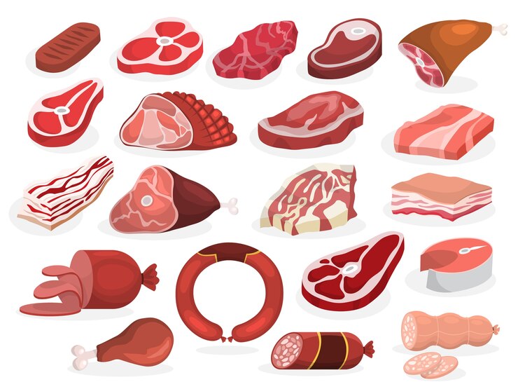 Vecteur ensemble de viande. collection de steak de boeuf et de porc, jambon