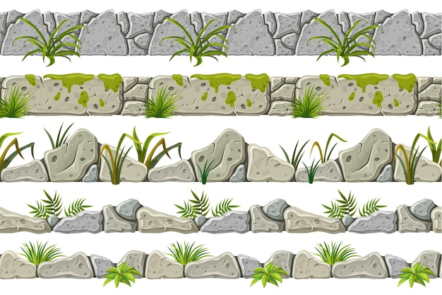 Ensemble de vieilles bordures grises sans couture avec des feuilles d'herbe et de la mousse