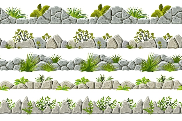 Ensemble de vieilles bordures grises sans couture avec des feuilles d'herbe et de la mousse