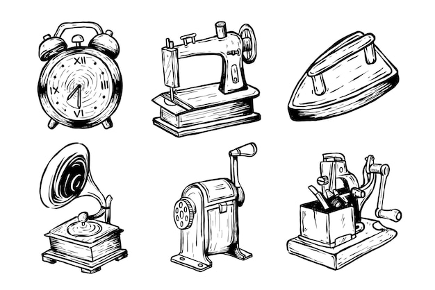 Vecteur un ensemble de vieilles machines à coudre avec les numéros 1 et 2.