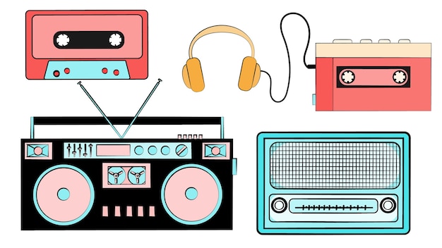 Un ensemble de vieux équipements électroniques de musique hipster rétro vintage de la cassette des années 80 des années 90