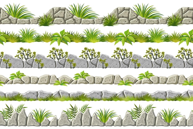 Ensemble de vieux trottoirs gris roche et herbe vecteur de bordure transparente avec des feuilles