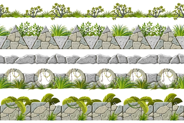 Ensemble de vieux trottoirs gris roche et herbe vecteur de bordure transparente avec des feuilles