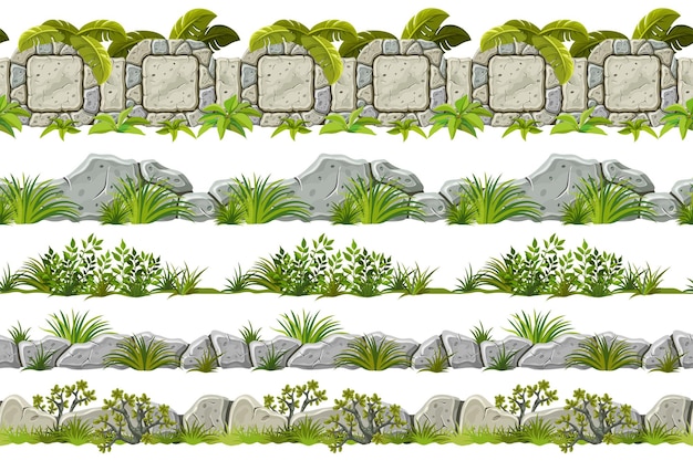 Ensemble de vieux trottoirs gris roche et herbe vecteur de bordure transparente avec des feuilles