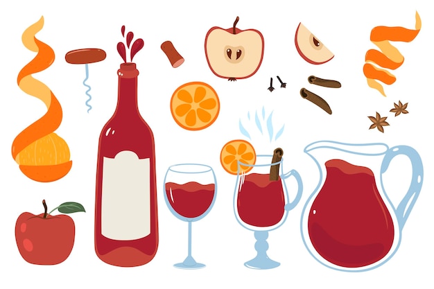 Ensemble De Vin Avec Bouteille, Verre, Vin Chaud, Fruits Et épices Isolés