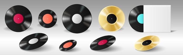 Ensemble de vinyles rétro réalistes pour gramophone avec étiquettes vides et couverture d'album vierge pour la production de lp de musique. Disques classiques noirs et dorés vintage. Illustration vectorielle