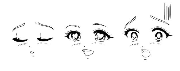 Vecteur ensemble de visages d'anime et de manga. différentes expressions. illustration vectorielle dessinée à la main.