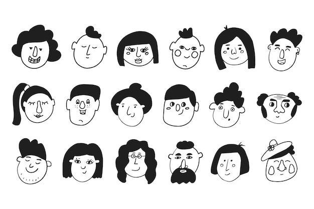 Ensemble de visages de caractères dans le modèle sans couture de vecteur de style doodle sur fond blanc