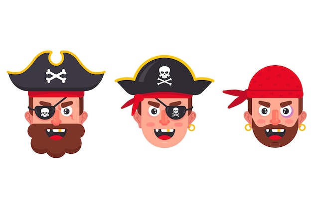 Un Ensemble De Visages De Différents Pirates. Personnages Du Bateau Pirate. Illustration Vectorielle Plane.