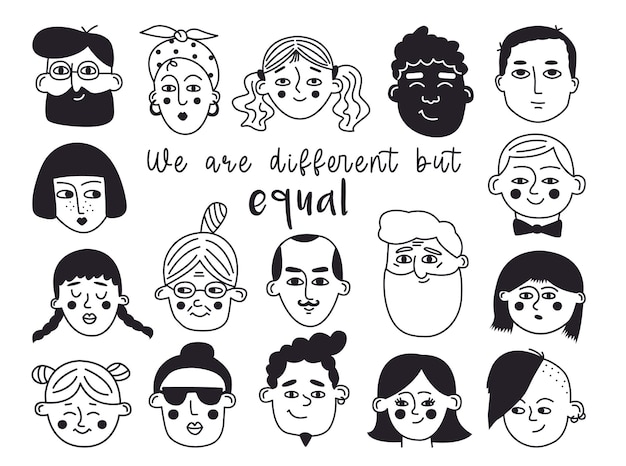 Vecteur ensemble de visages de doodle portraits de personnes de différentes nationalités, âge et sexe
