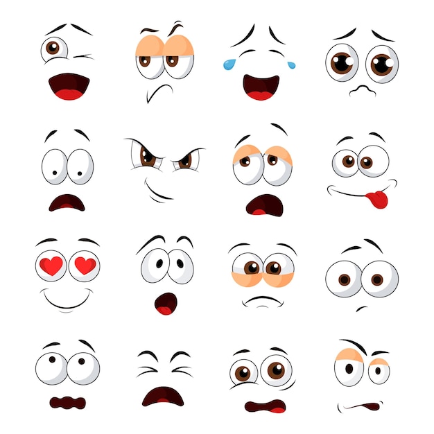 Un ensemble de visages drôles dans le style de dessin animé Illustration vectorielle de visages avec différentes émotions clignotant furtivement pleurant triste surpris drôle dans l'amour réfléchi affamé dormant isolé sur fond blanc