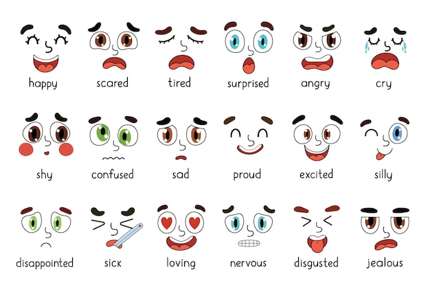 Vecteur ensemble de visages d'émotions ensemble d'expressions émotionnelles différentes apprentissage du sentiment avec les yeux et la bouche