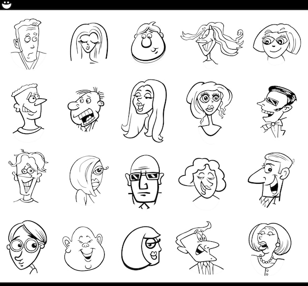 Vecteur ensemble de visages et d'émotions de personnages de dessins animés