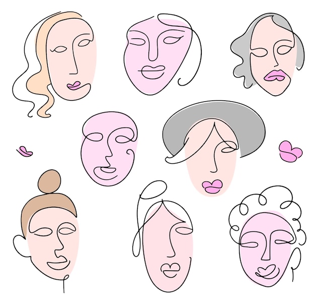 Vecteur ensemble de visages féminins abstraits dessinés dans le style lineart illustration vectorielle