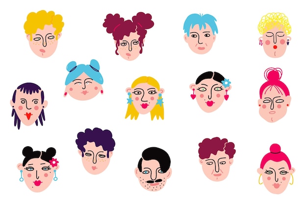 Ensemble De Visages Féminins Et Masculins Drôles Illustration Vectorielle Sur Fond Blanc