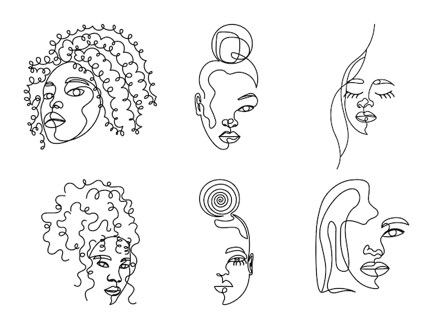 Ensemble De Visages De Femmes à Une Seule Ligne