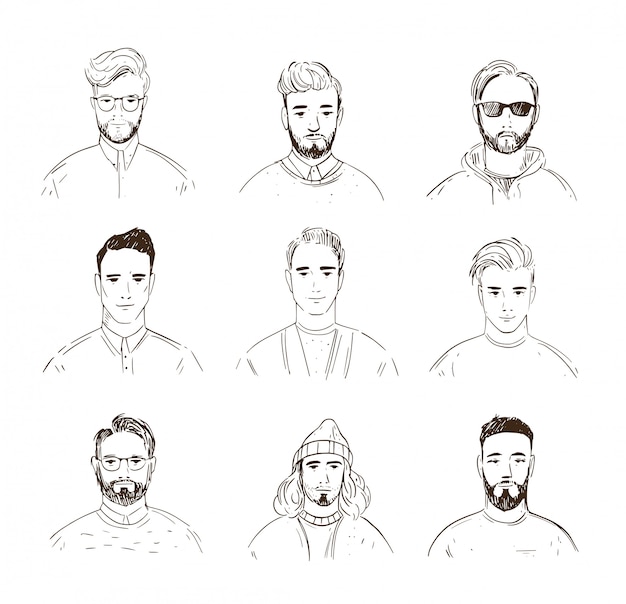 Ensemble De Visages Masculins. Avatars Linéaires. Illustration De Dessin Au Trait