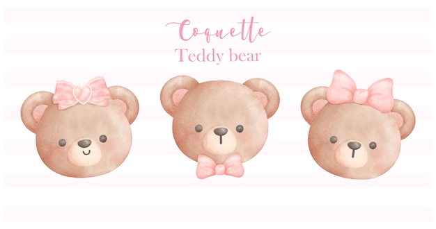 Vecteur un ensemble de visages d'ours en peluche coquette avec un nœud de ruban trendy retro vintage aquarelle banner d'illustration